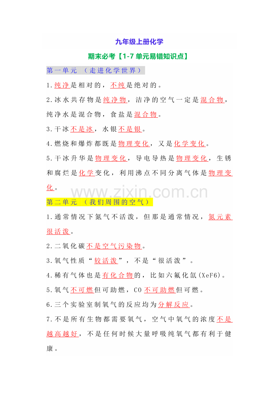 九年级化学上册7个单元易错要点.docx_第1页
