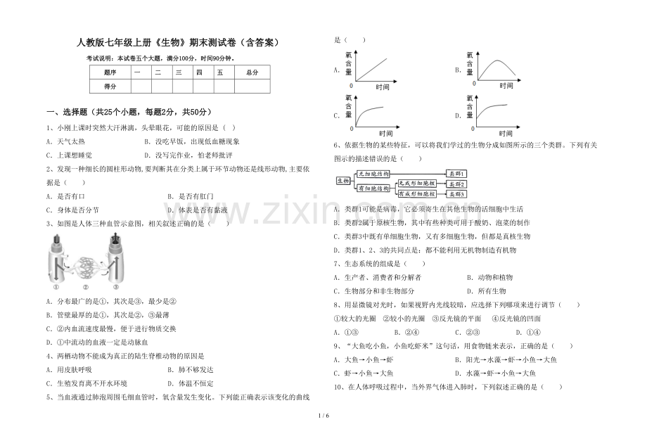 人教版七年级上册《生物》期末测试卷(含答案).doc_第1页
