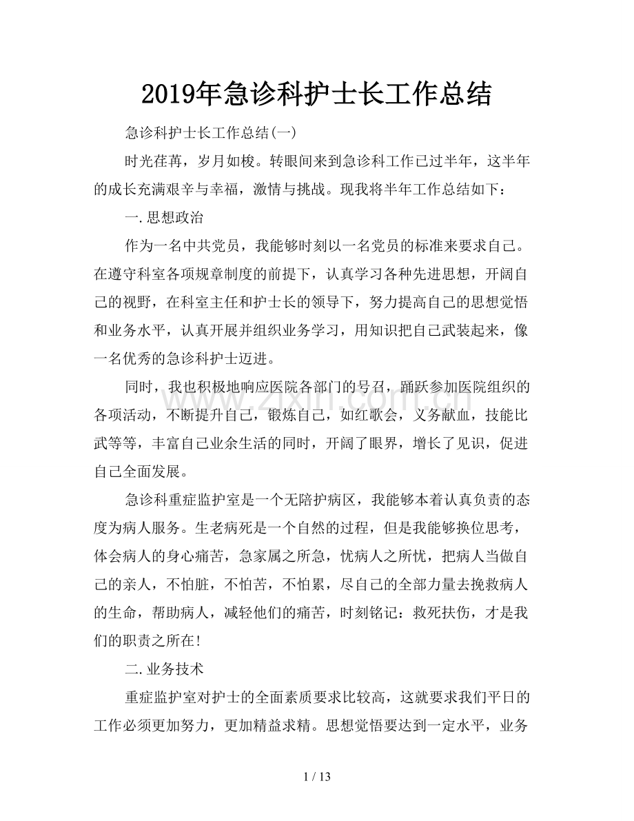 2019年急诊科护士长工作总结.doc_第1页