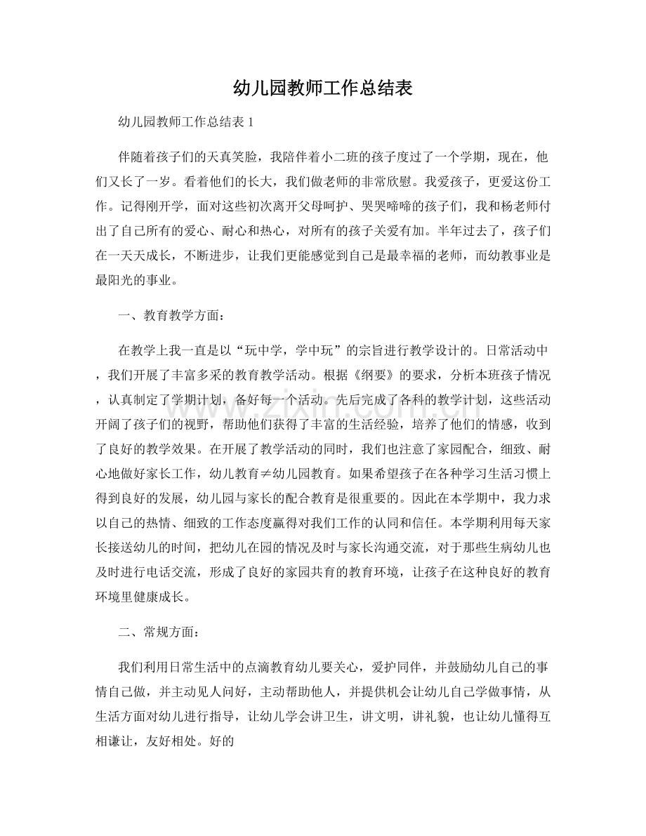 幼儿园教师工作总结表.docx_第1页