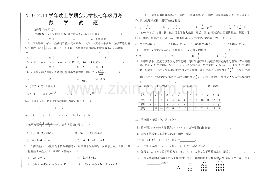 七年级数学上十二月月考题.doc_第1页