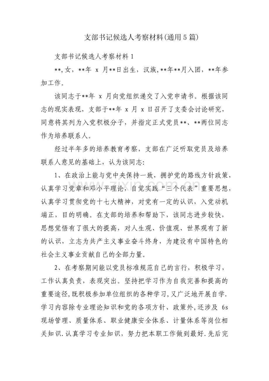 支部书记候选人考察材料(通用5篇).pdf_第1页