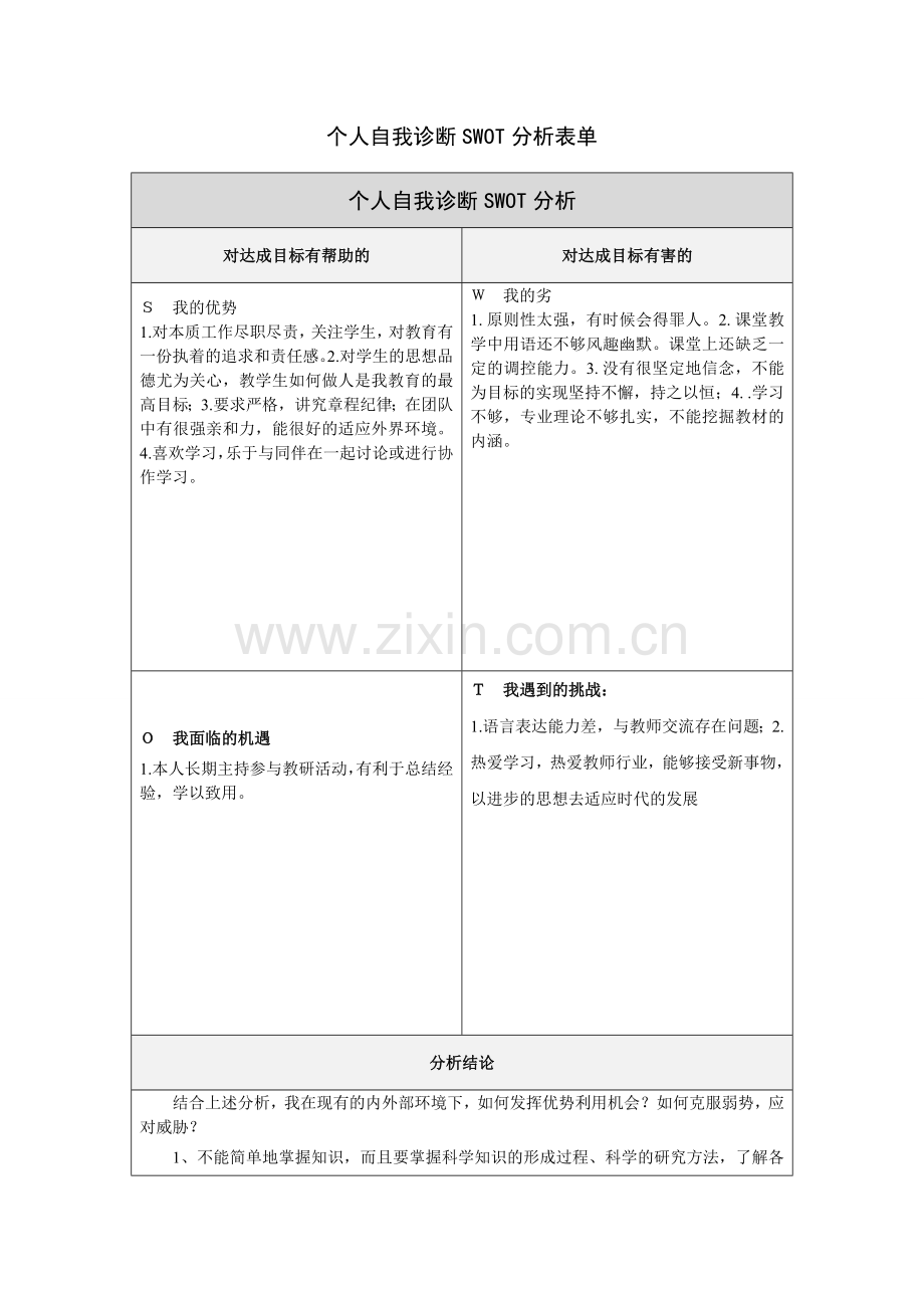 董维宏个人自我诊断SWOT分析表.doc_第1页