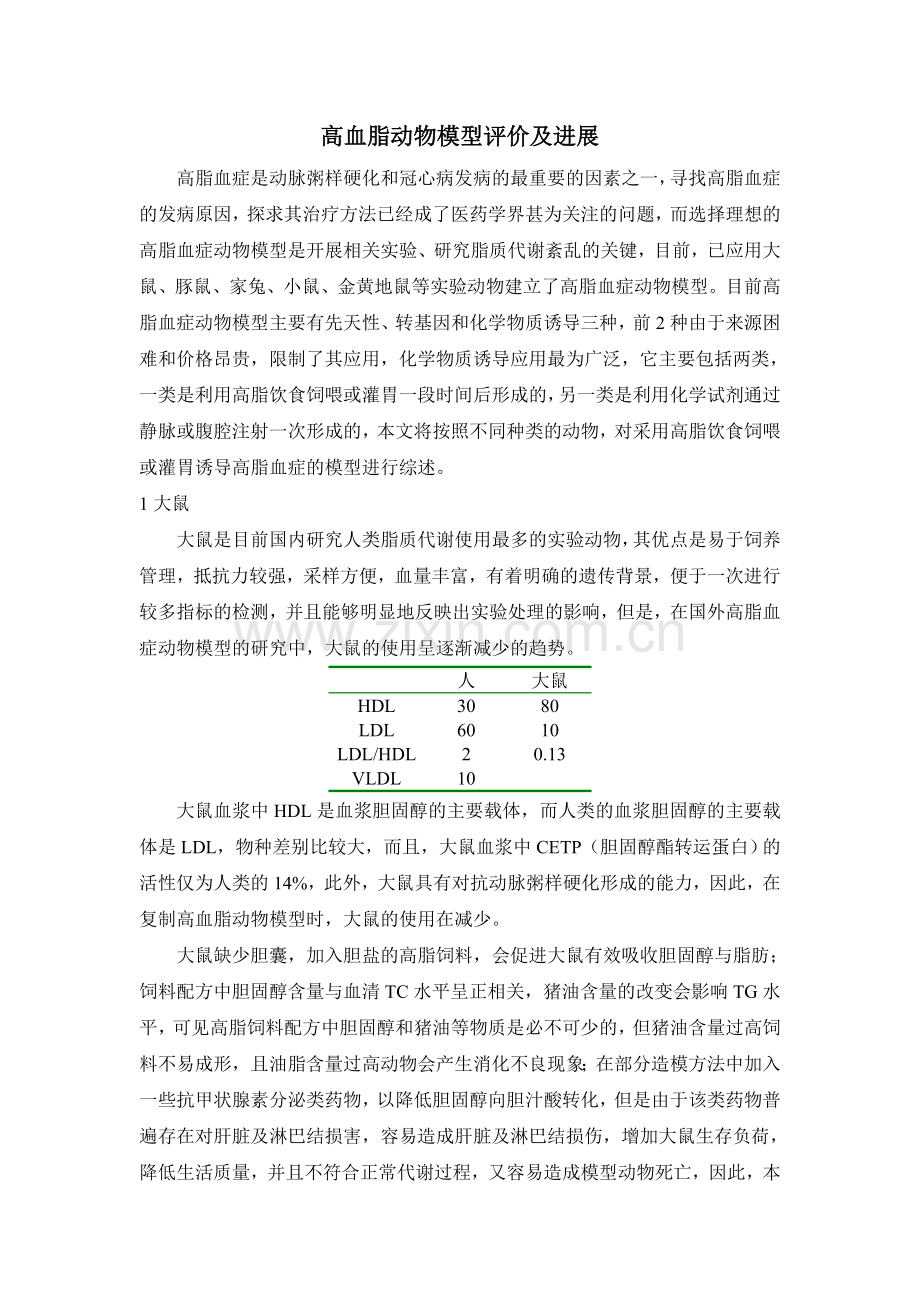 高血脂动物模型评价及进展.doc_第1页