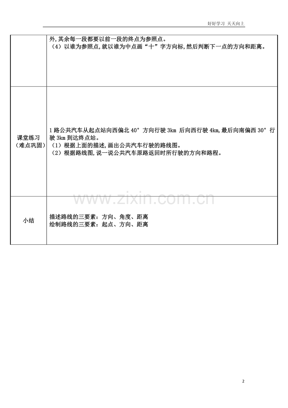 人教版小学数学六年级上册-用方向和距离描述或画出路线-名师教学教案-教学设计反思.doc_第2页