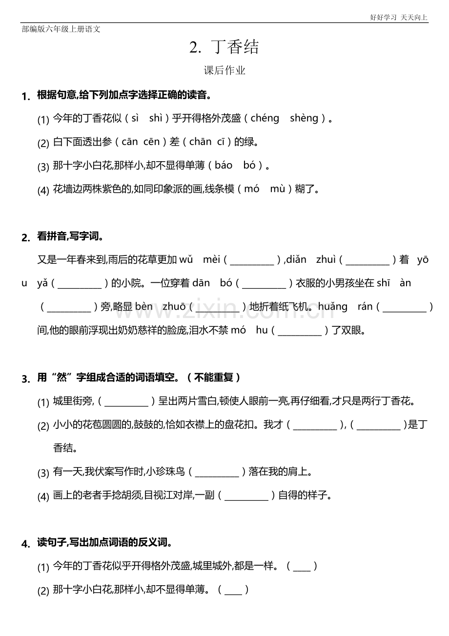 六年级上册语文部编版课后作业《丁香结》(试卷+答案版).doc_第1页