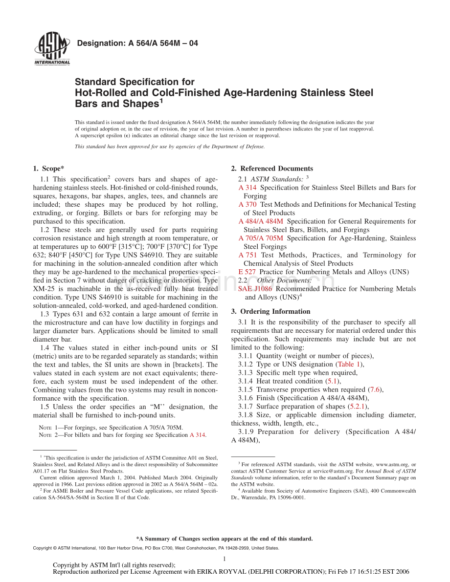 ASTM_A564A564-04_热轧及冷精轧时效硬化处理过的不锈钢棒材和型材技术规范.pdf_第1页