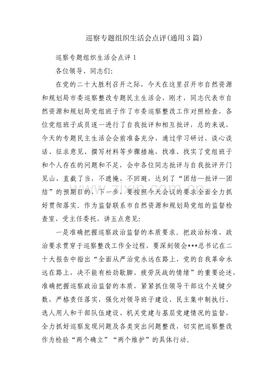 巡察专题组织生活会点评(通用3篇).pdf_第1页
