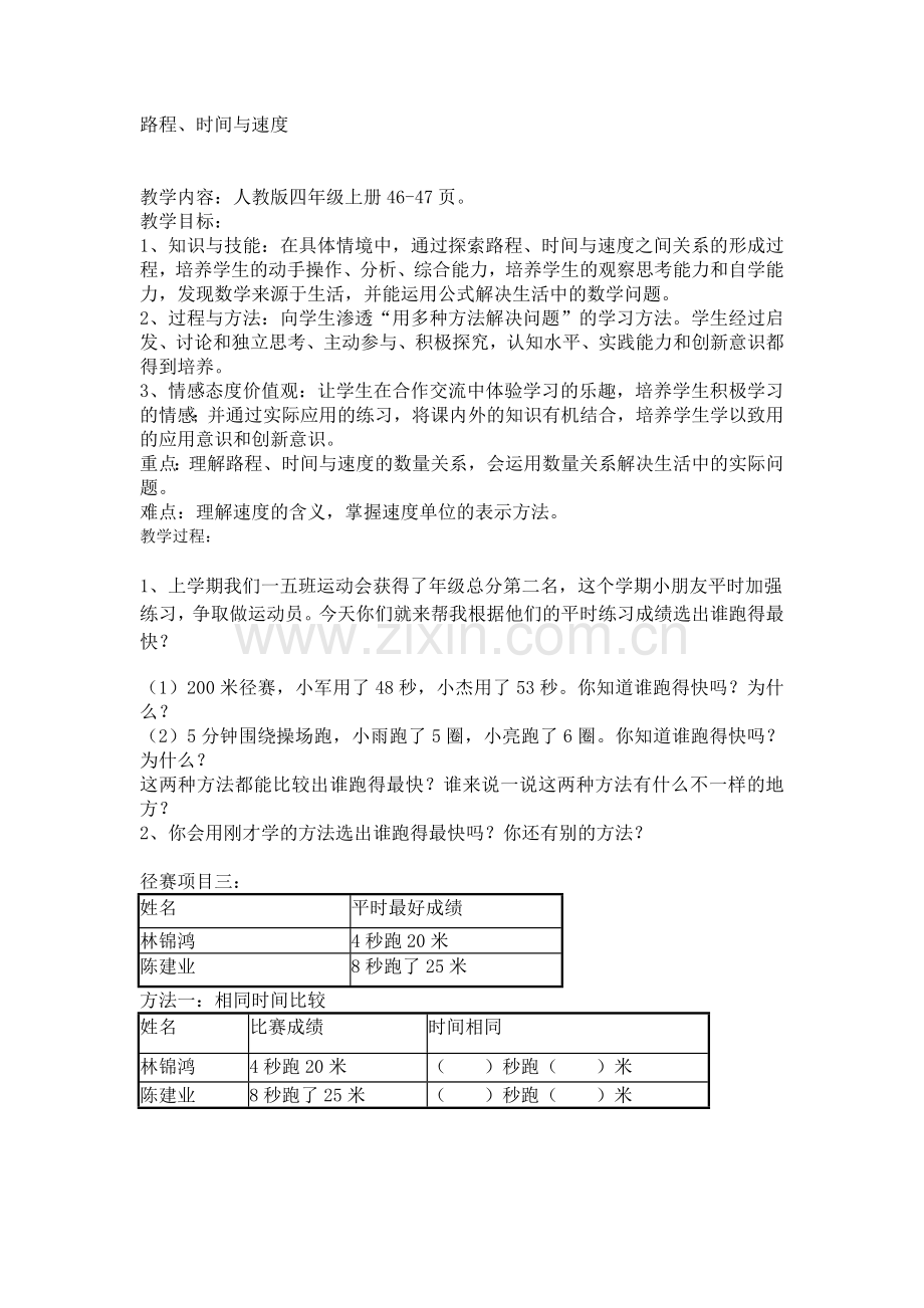 小学人教四年级数学路程速度时间.docx_第1页