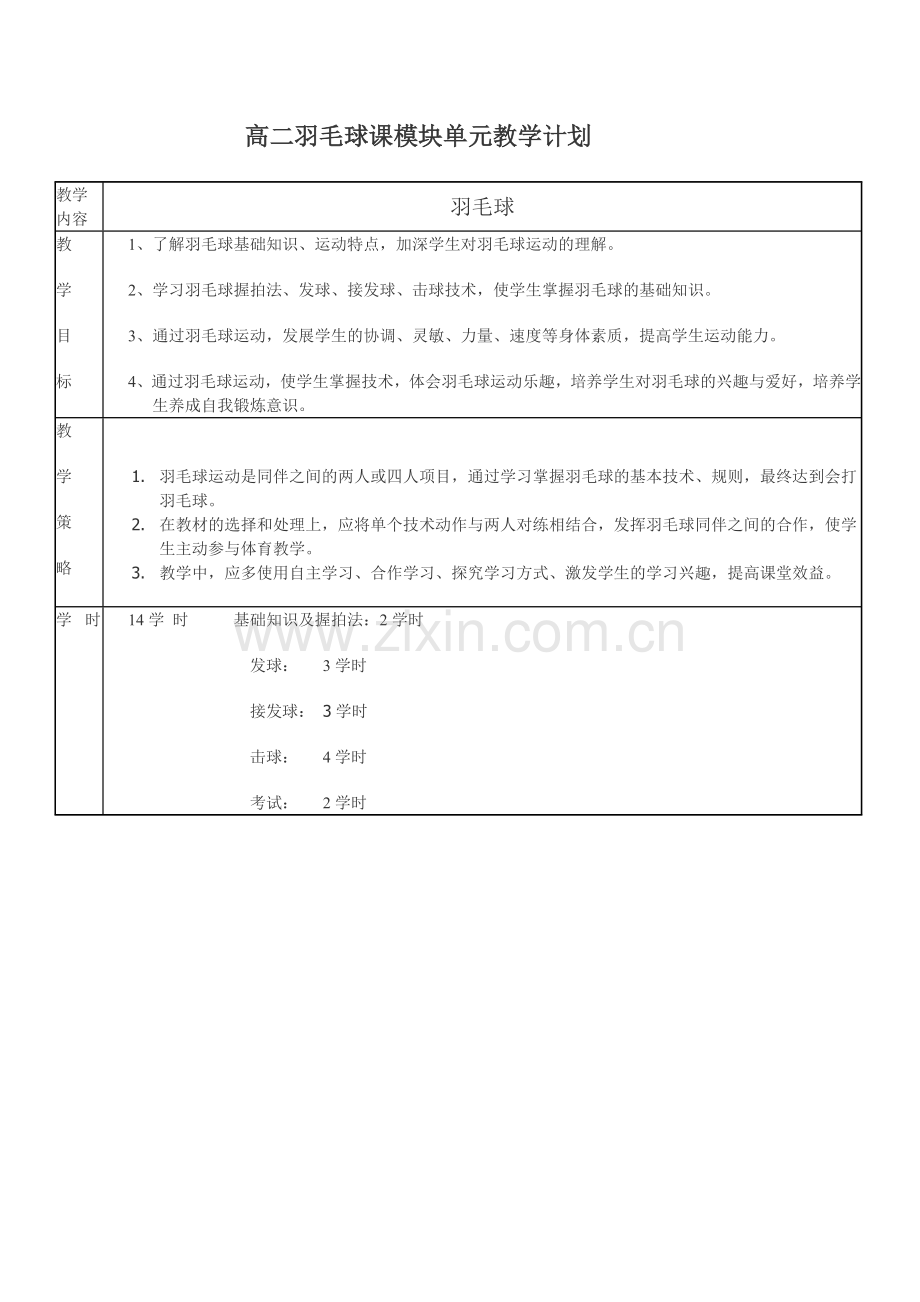 高二羽毛球课模块单元教学计划.doc_第1页