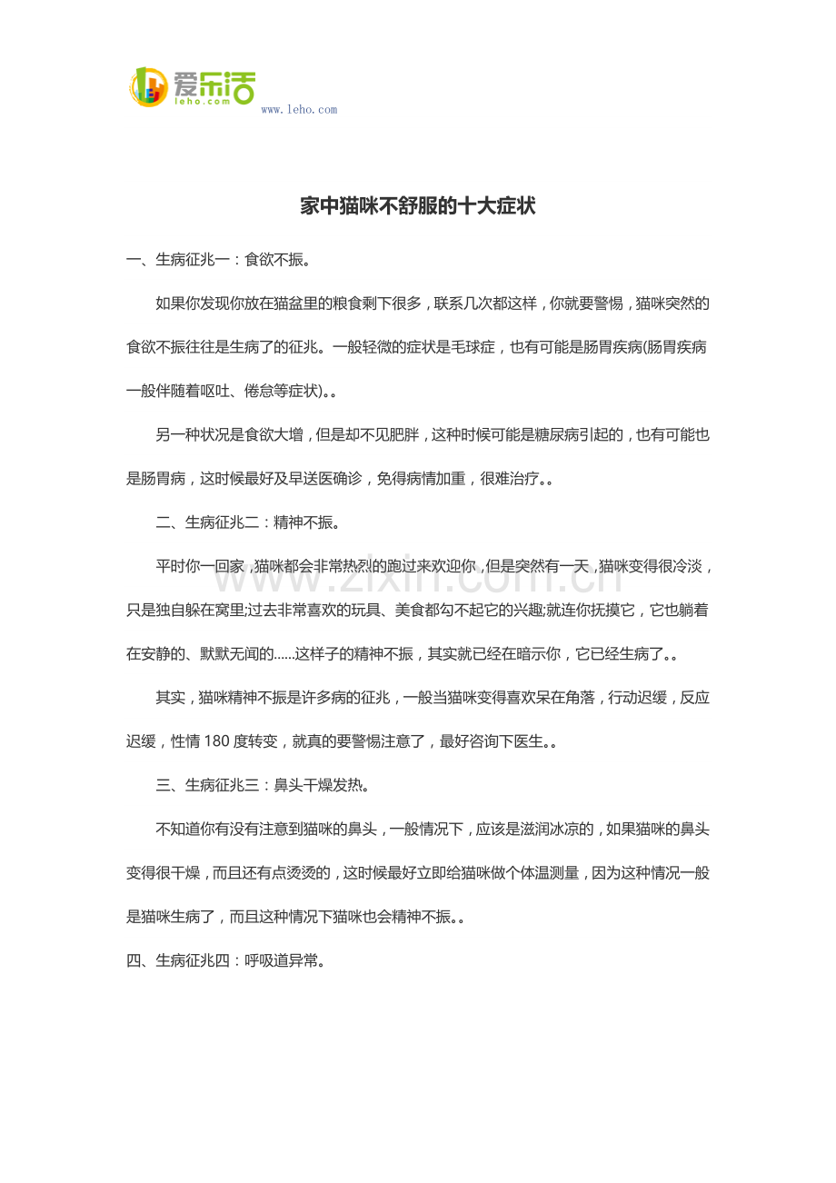 家中猫咪不舒服的十大症状.docx_第1页