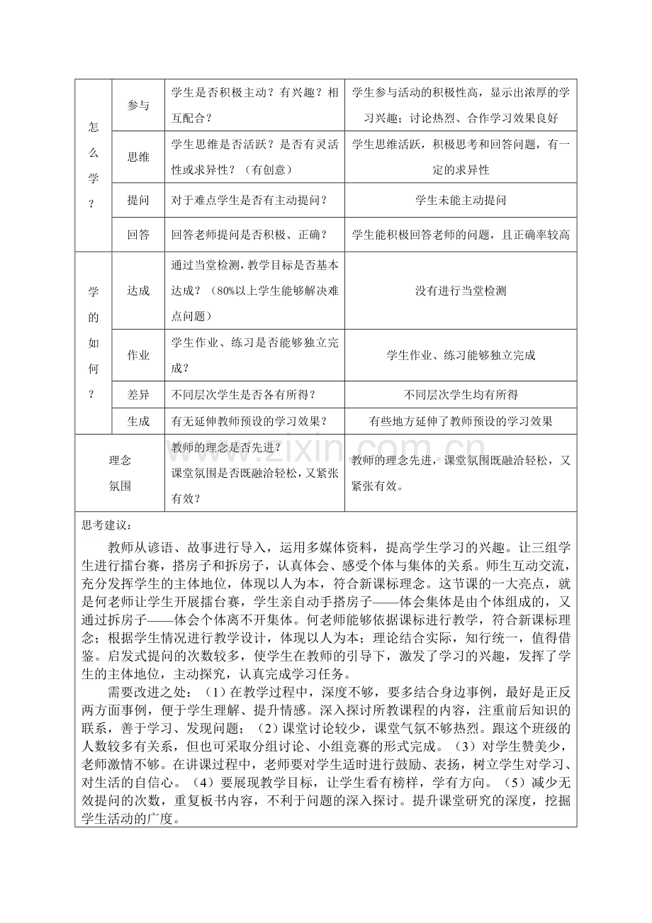 承担关爱集体的责任课堂观察记录表单.doc_第2页