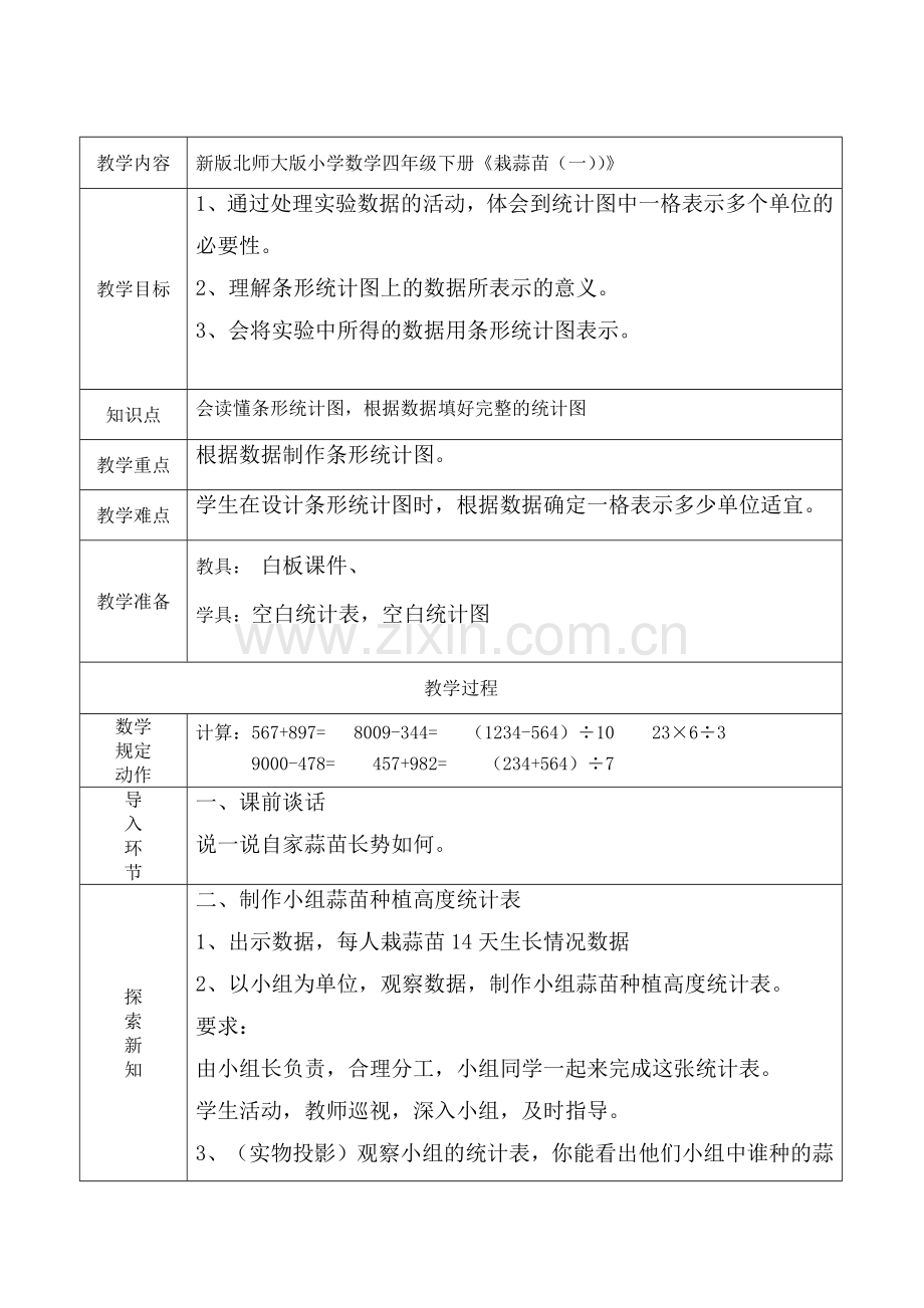 小学数学北师大四年级《栽蒜苗》.docx_第1页