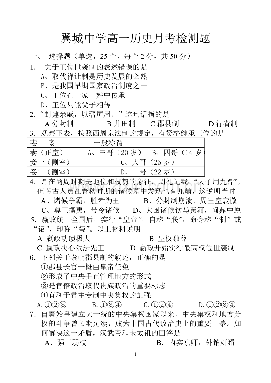高一历史第一次月考试卷.doc_第1页