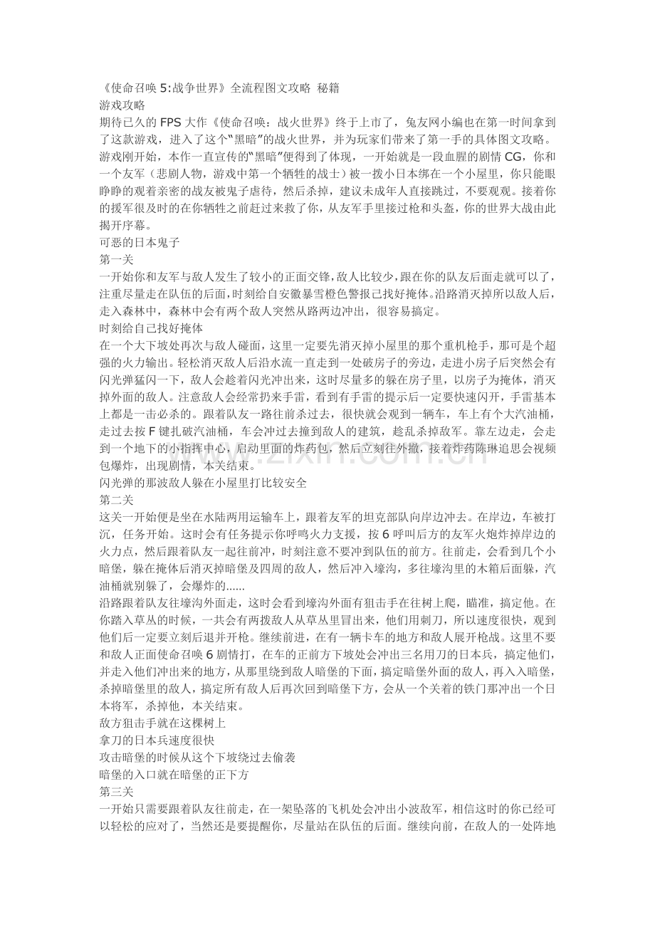 《使命召唤5：战争世界》单人模式通关全攻略.doc_第1页