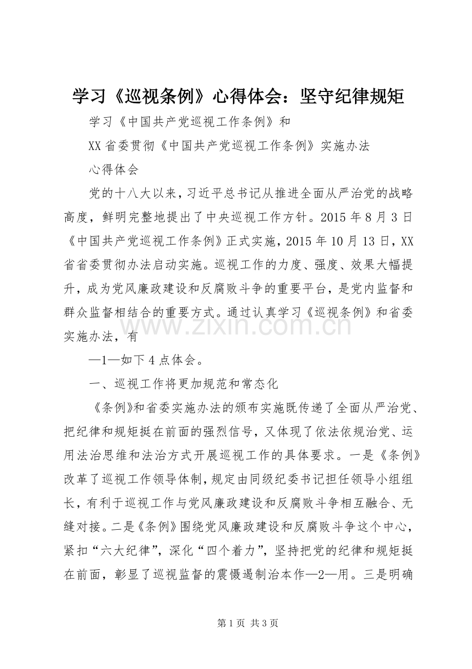 学习《巡视条例》体会心得：坚守纪律规矩.docx_第1页