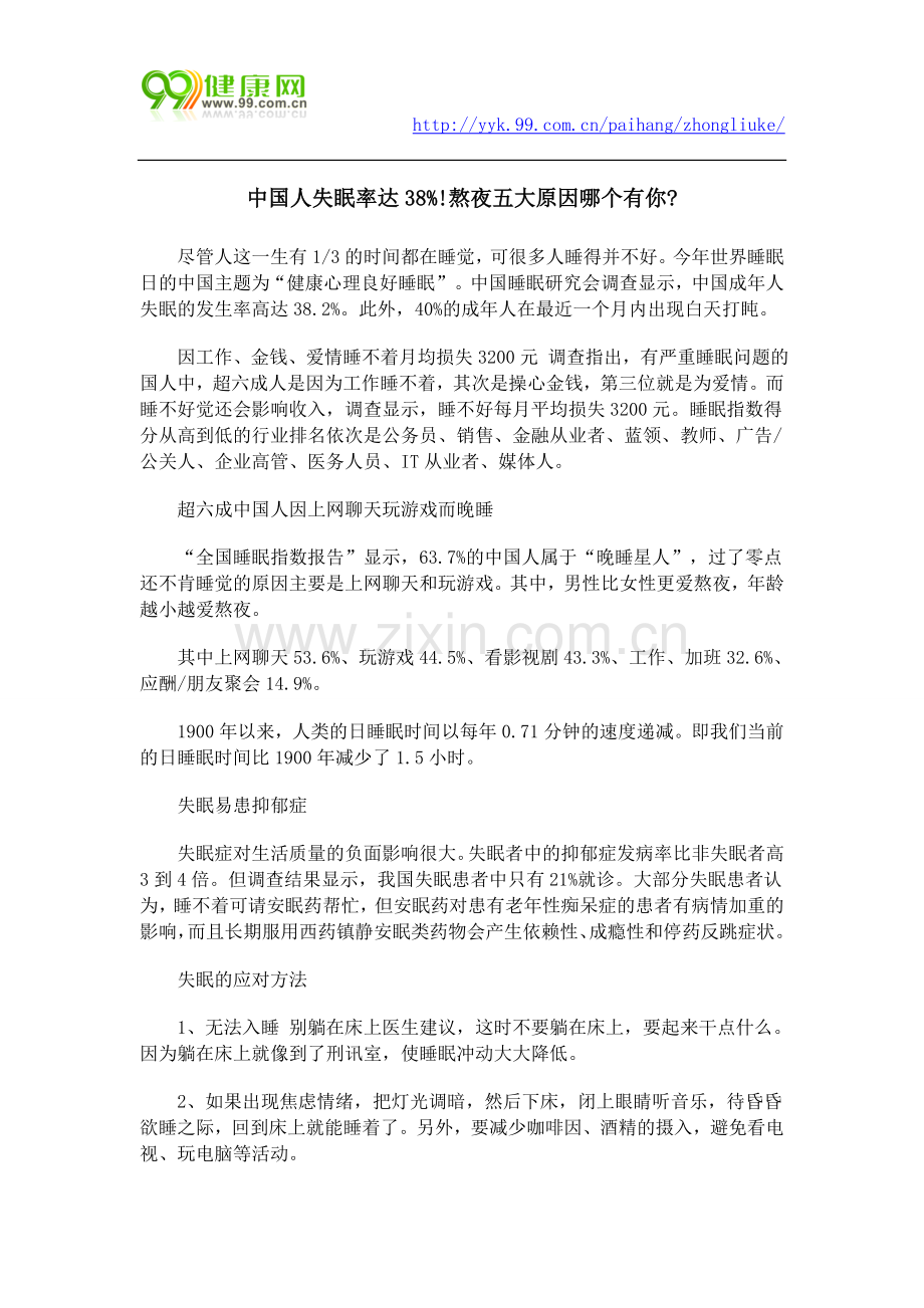 中国人失眠率达38%!熬夜五大原因哪个有你.docx_第1页