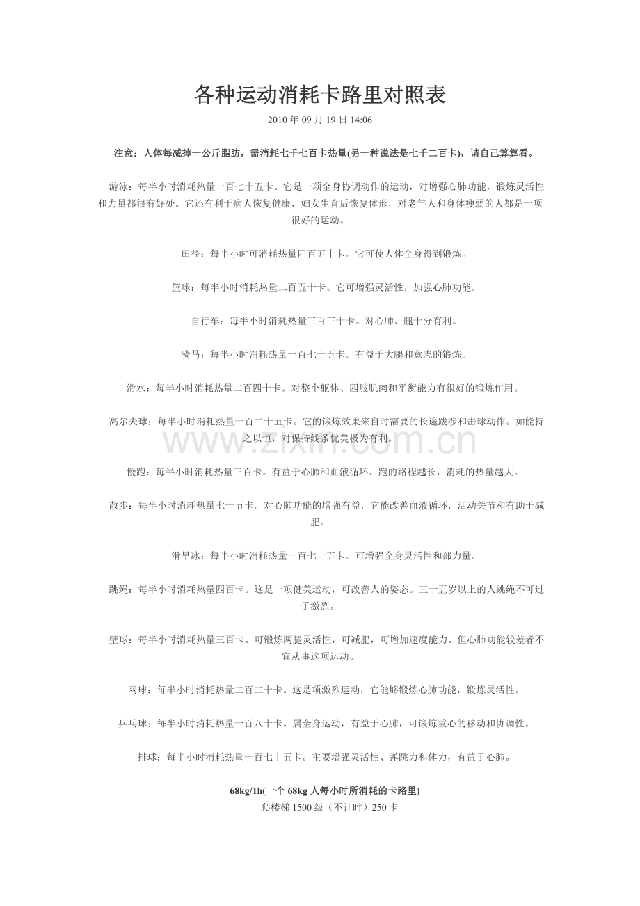 各种运动消耗的热量.doc_第1页