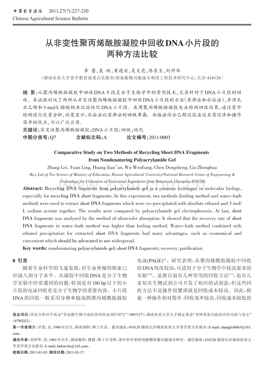 从非变性聚丙烯酰胺凝胶中回收DNA小片段的两种方法比较.pdf_第1页