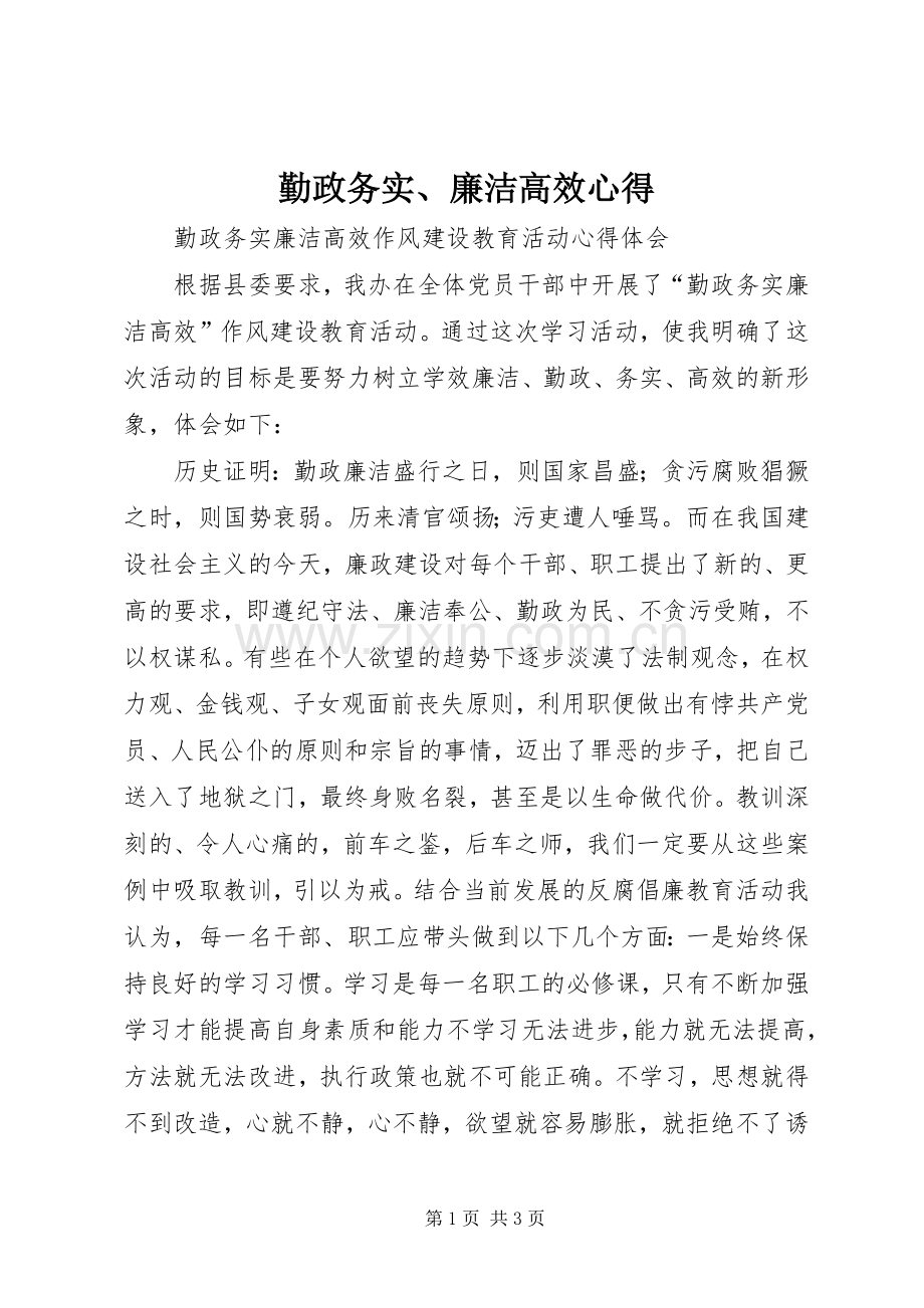 勤政务实、廉洁高效心得.docx_第1页