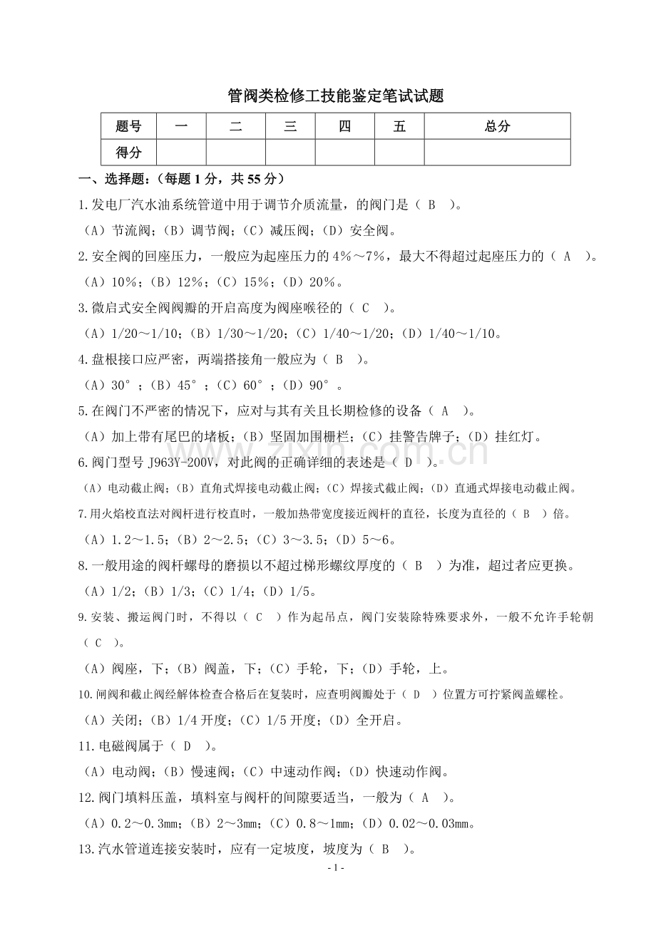 管阀类检修工技能鉴定笔试试题.doc_第1页