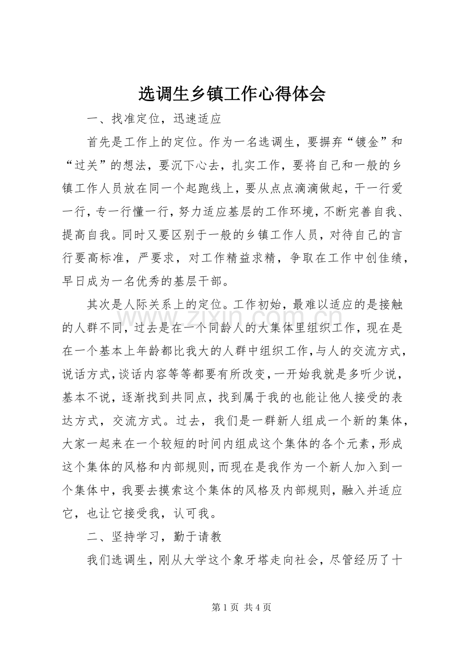 选调生乡镇工作体会心得.docx_第1页