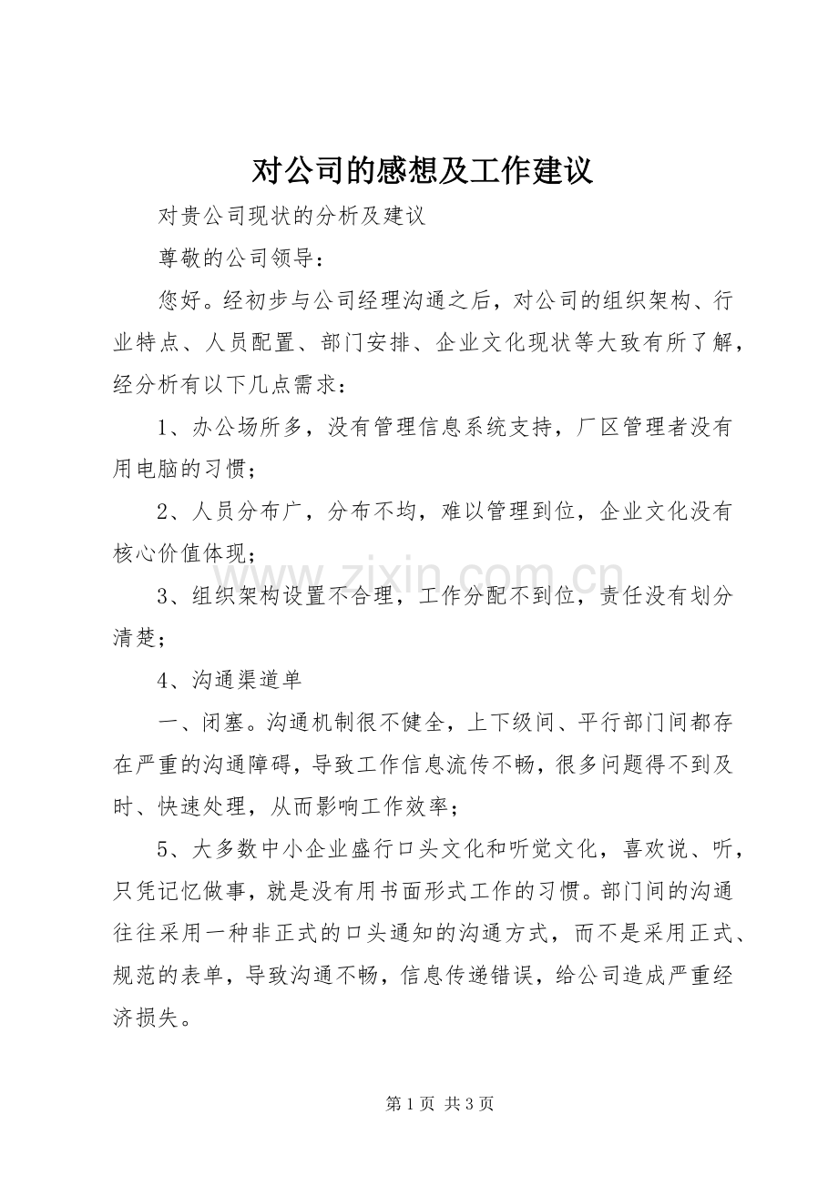 对公司的感想及工作建议.docx_第1页
