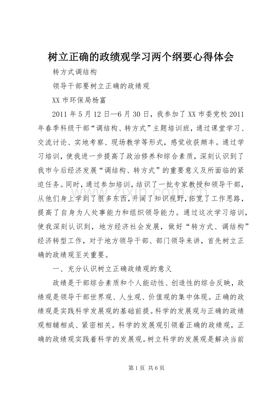 树立正确的政绩观学习两个纲要体会心得.docx_第1页