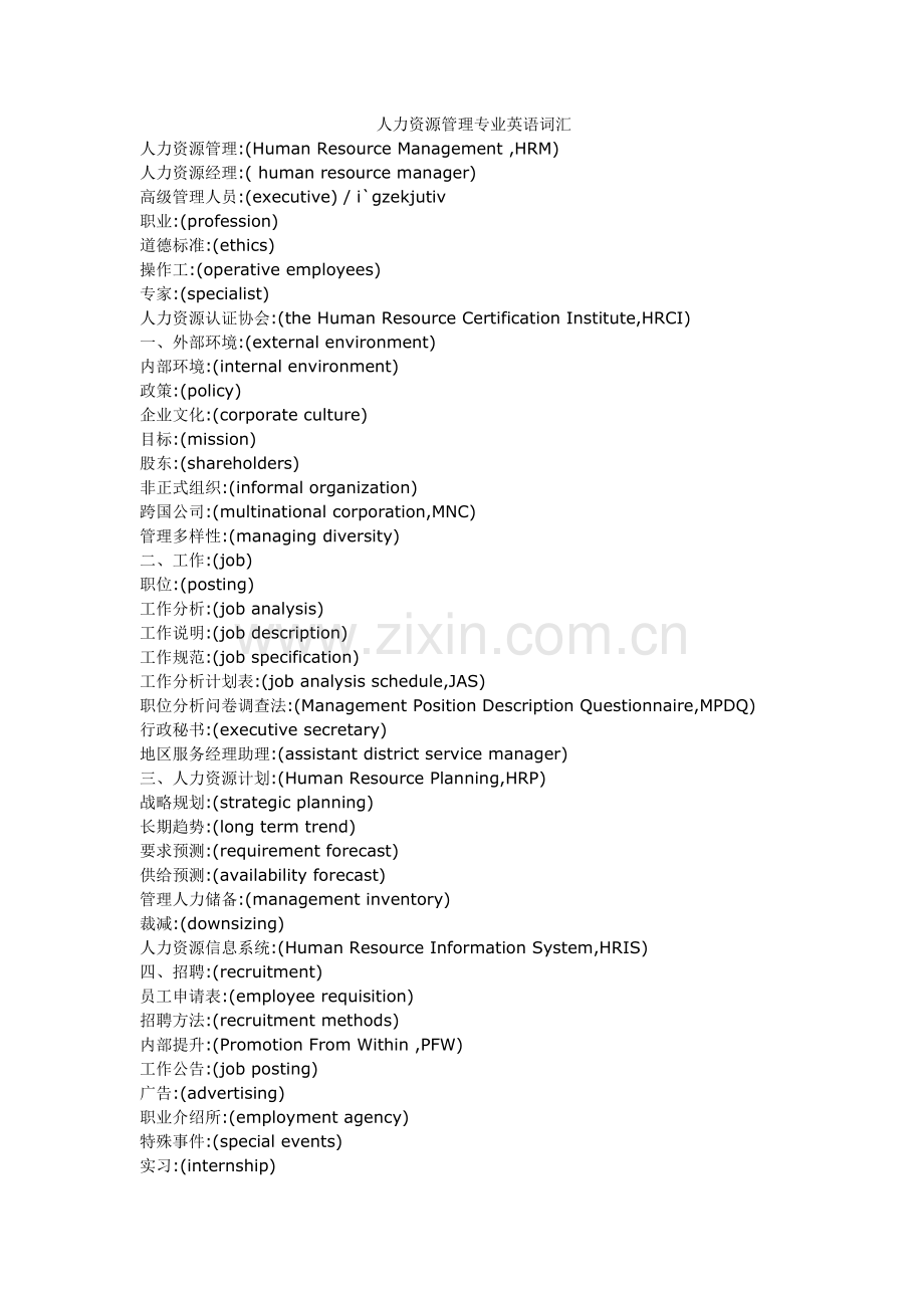 人力资源管理专业中英文对照.doc_第1页