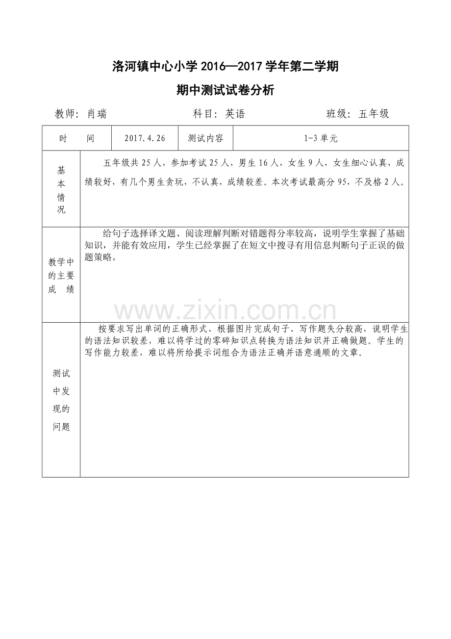 五年级期中测试试卷分析.doc_第1页