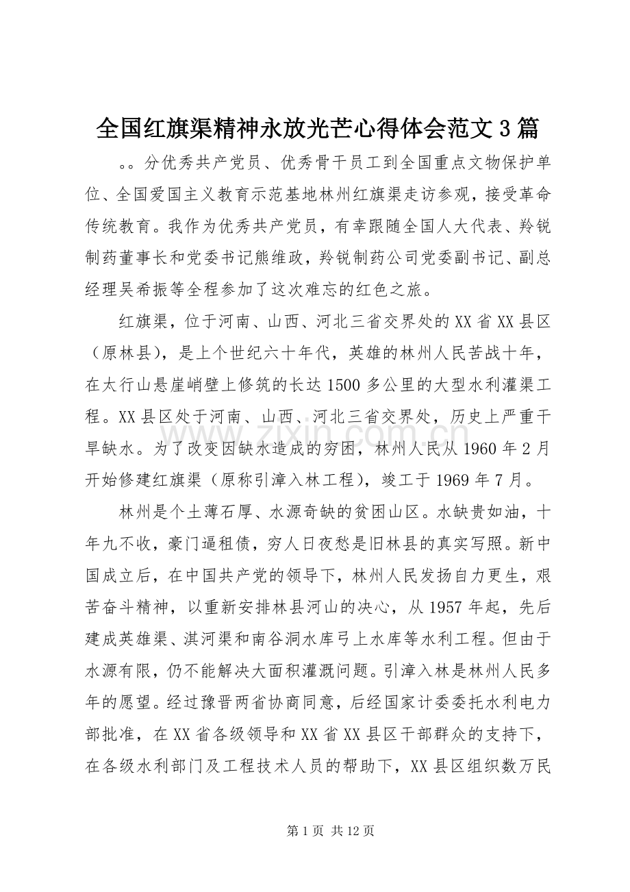 全国红旗渠精神永放光芒体会心得范文3篇.docx_第1页