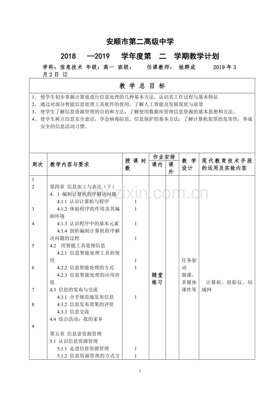 信息技术教学计划(高一下）.doc_第1页
