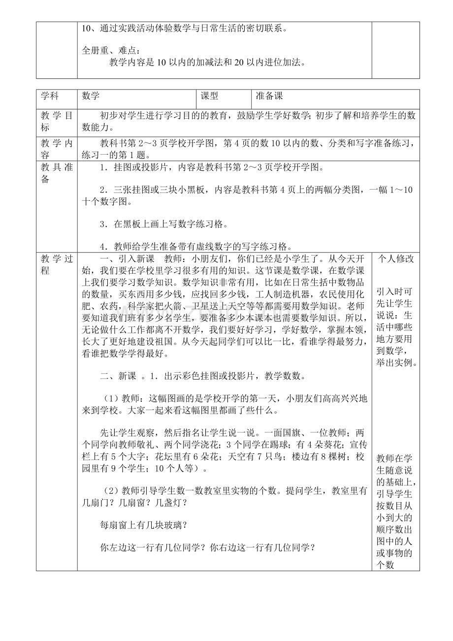 人教版一年级上册数学全册教案表格式.doc_第2页
