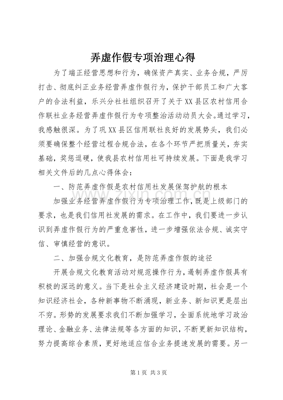 弄虚作假专项治理心得.docx_第1页