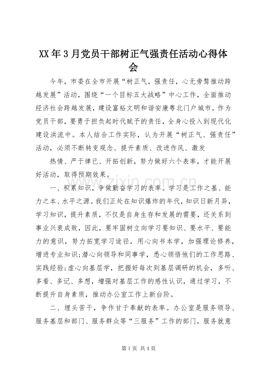 XX年3月党员干部树正气强责任活动体会心得.docx_第1页