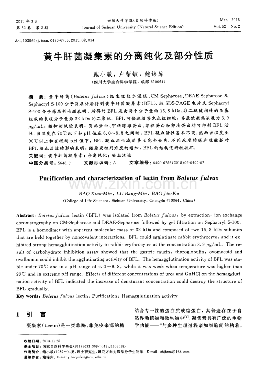 黄牛肝菌凝集素的分离纯化及部分性质.pdf_第1页