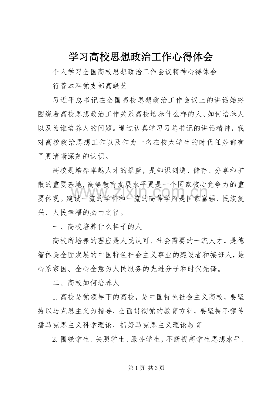学习高校思想政治工作体会心得.docx_第1页