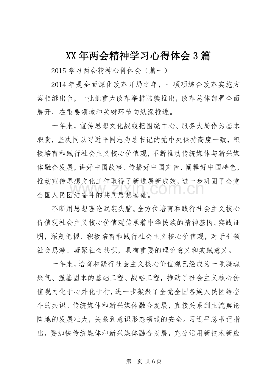 XX年两会精神学习体会心得3篇.docx_第1页