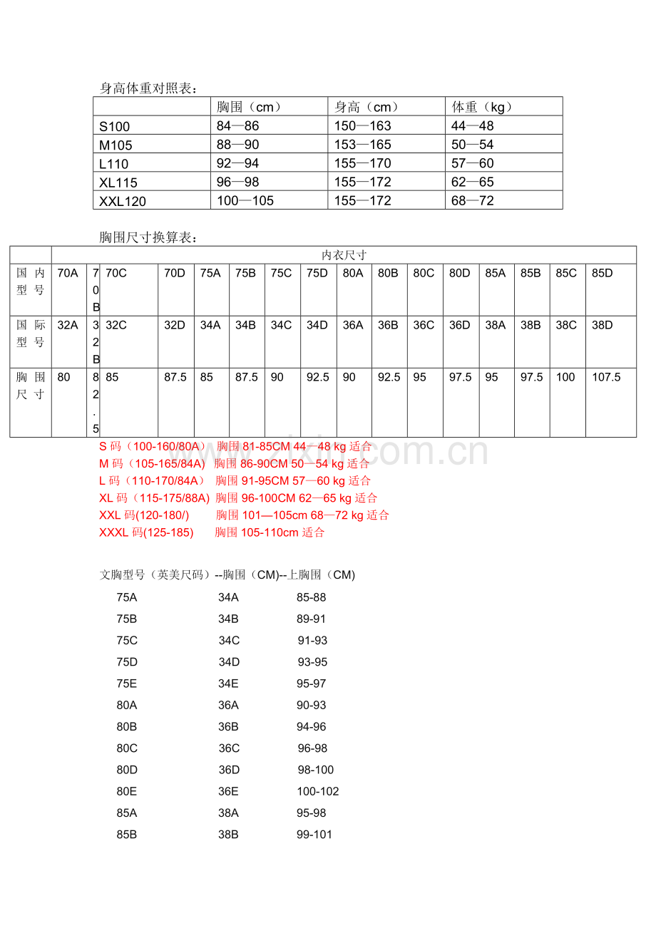 胸围尺寸对照表.doc_第1页