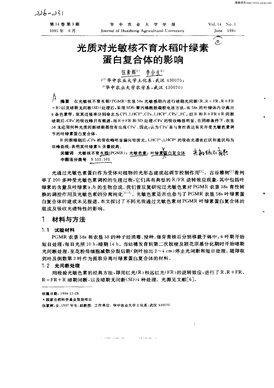 光质对光敏核不育水稻叶绿素蛋白复合体的影响.pdf_第1页