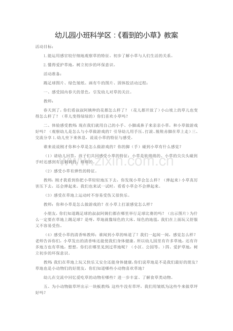 幼儿园小班科学区：《看到的小草》教案.doc_第1页