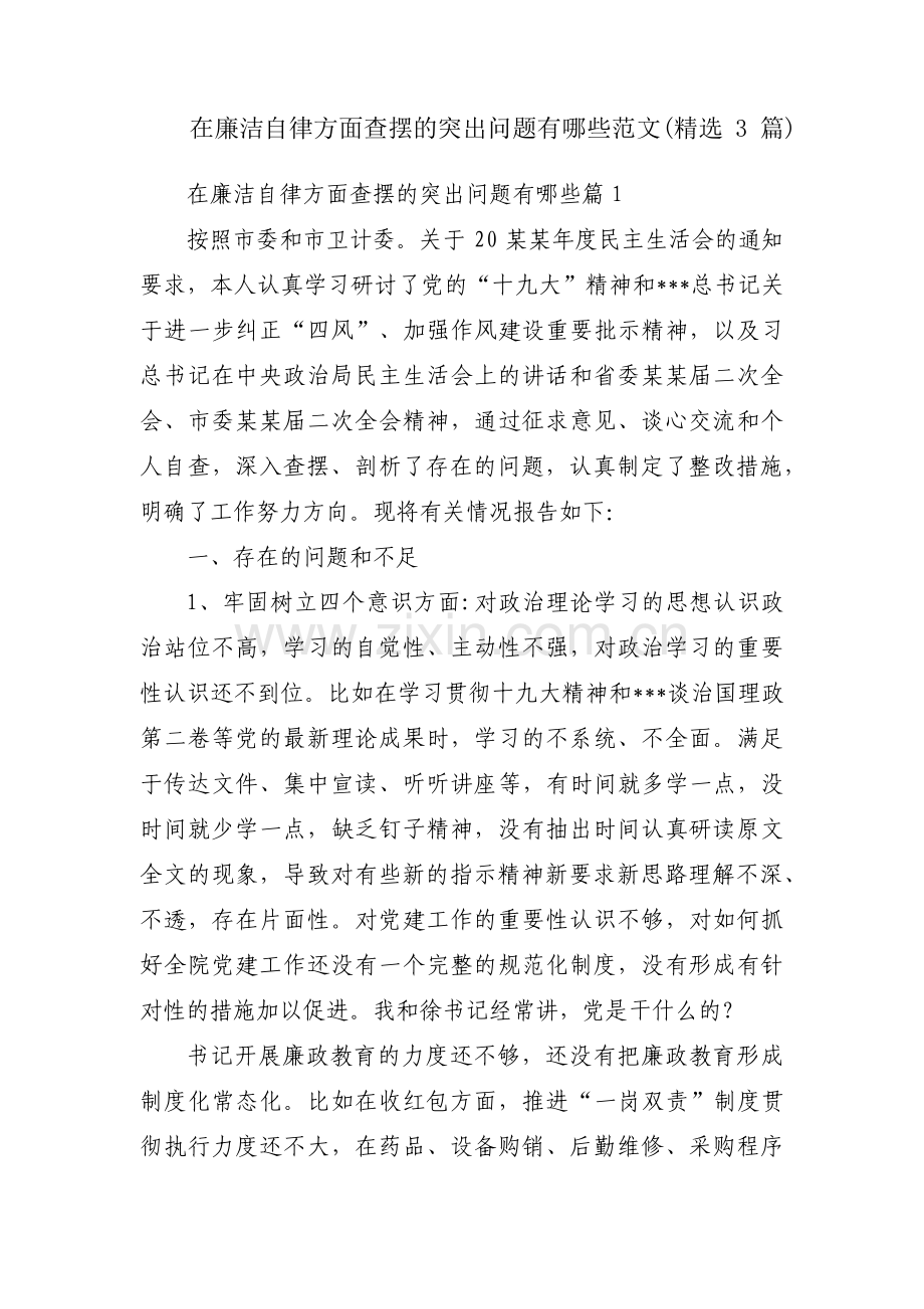 在廉洁自律方面查摆的突出问题有哪些范文(3篇).pdf_第1页