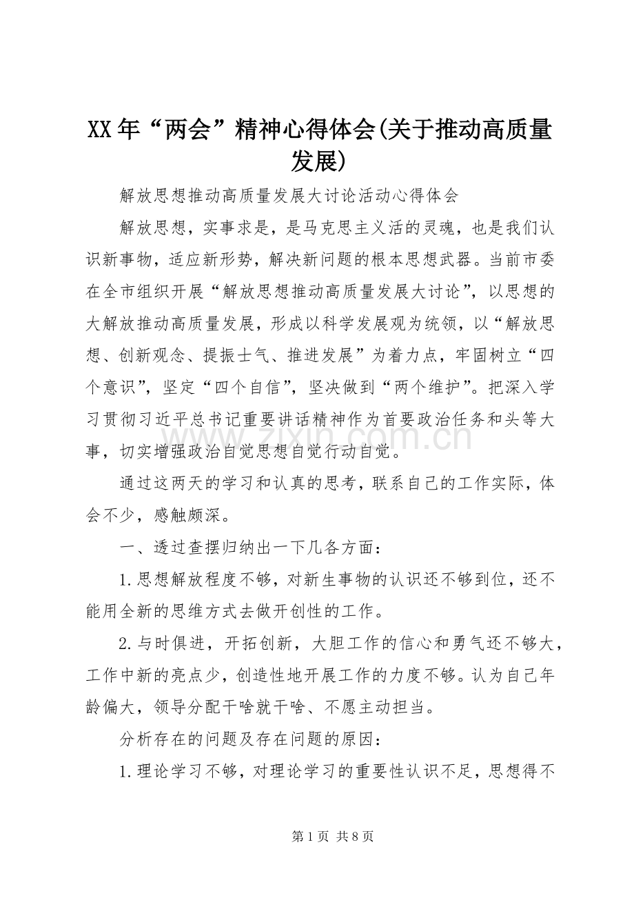 XX年“两会”精神体会心得(关于推动高质量发展).docx_第1页