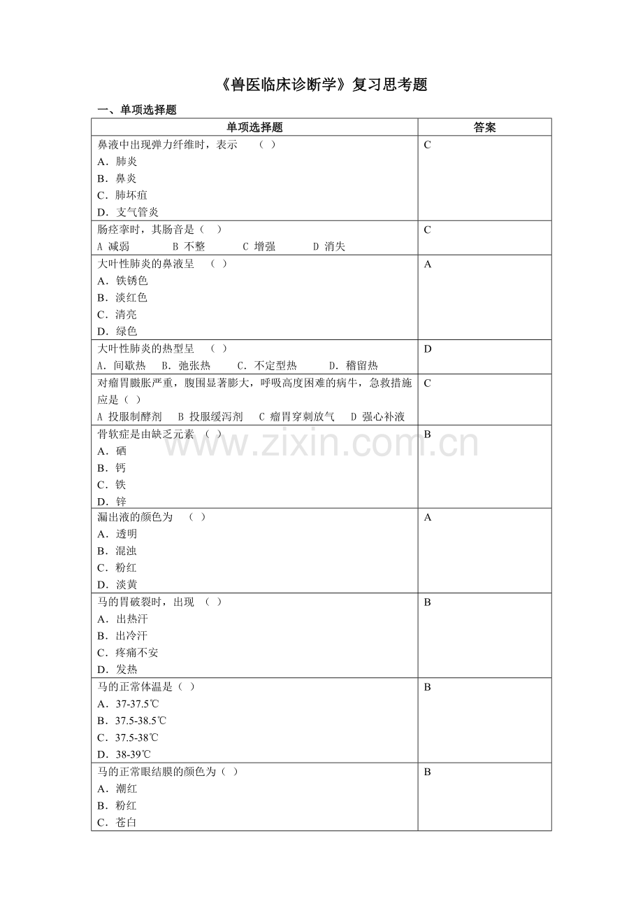 兽医临床诊断学复习思考题2014.06.doc_第1页