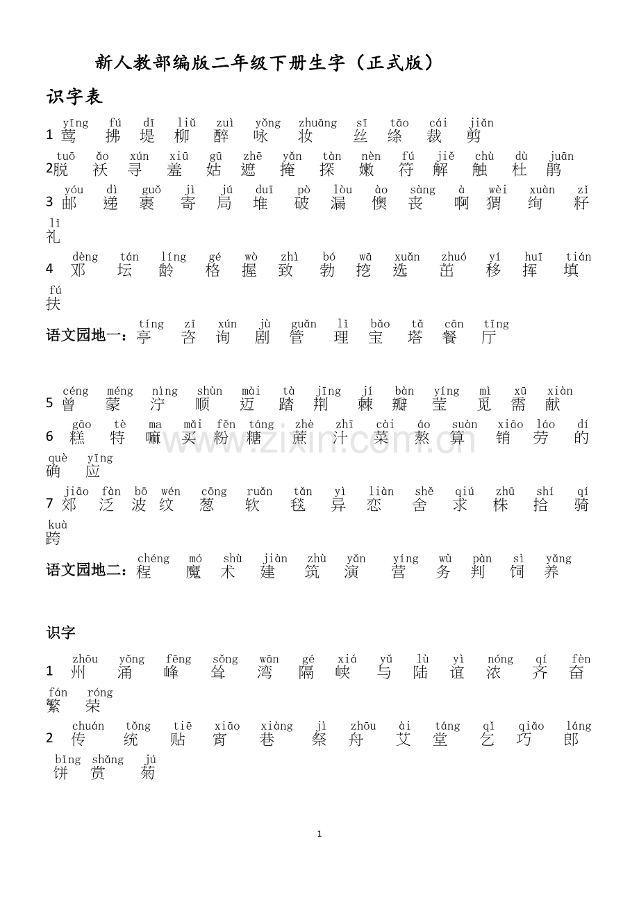 新人教部编版二年级下册生字（书后识字表、写字表、词语表）.docx_第1页