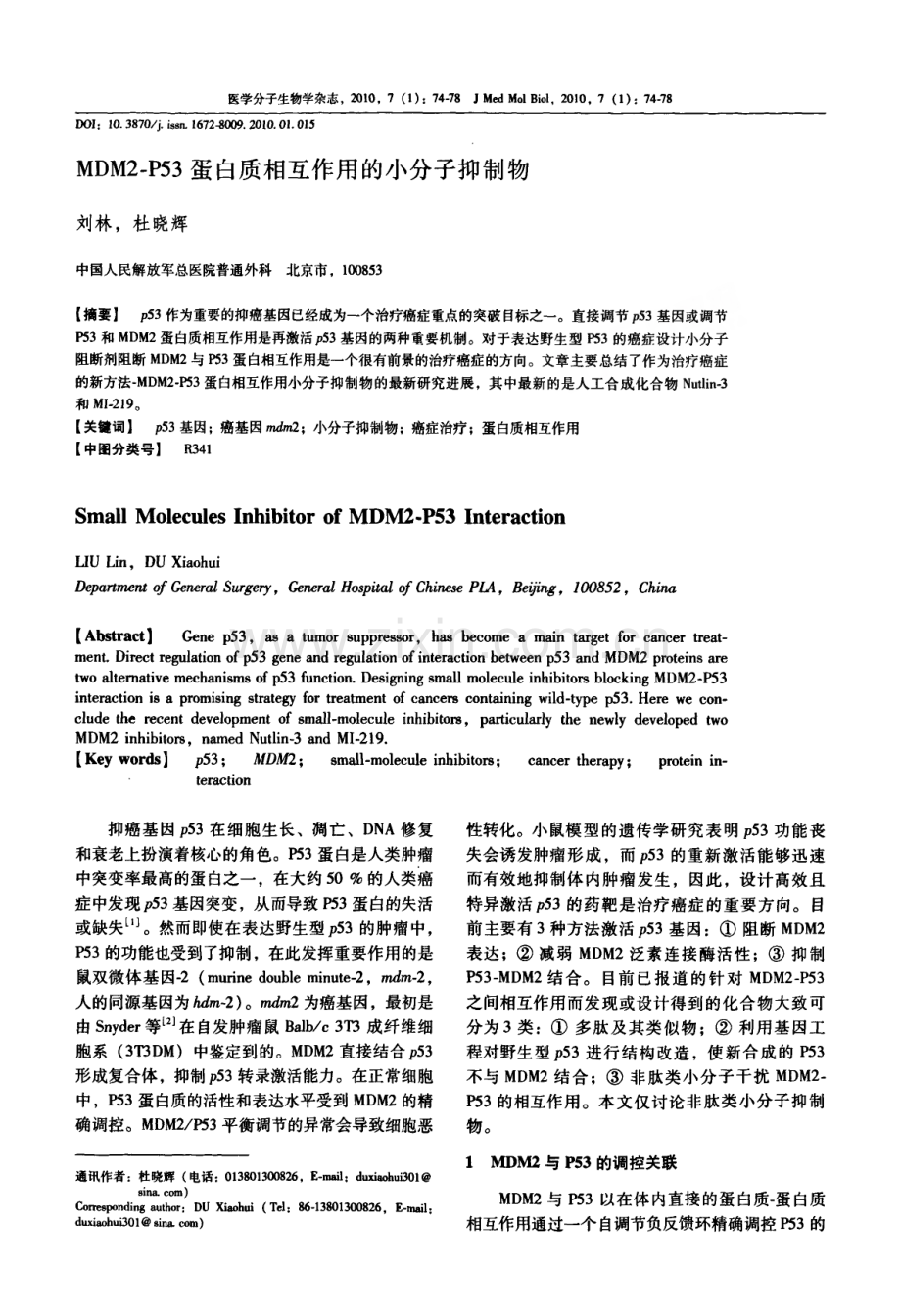 MDM2P53蛋白质相互作用的小分子抑制物.pdf_第1页