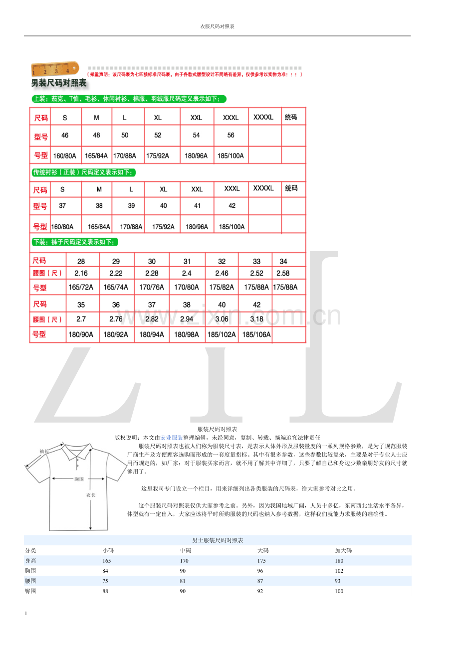 衣服尺码对照表.docx_第1页