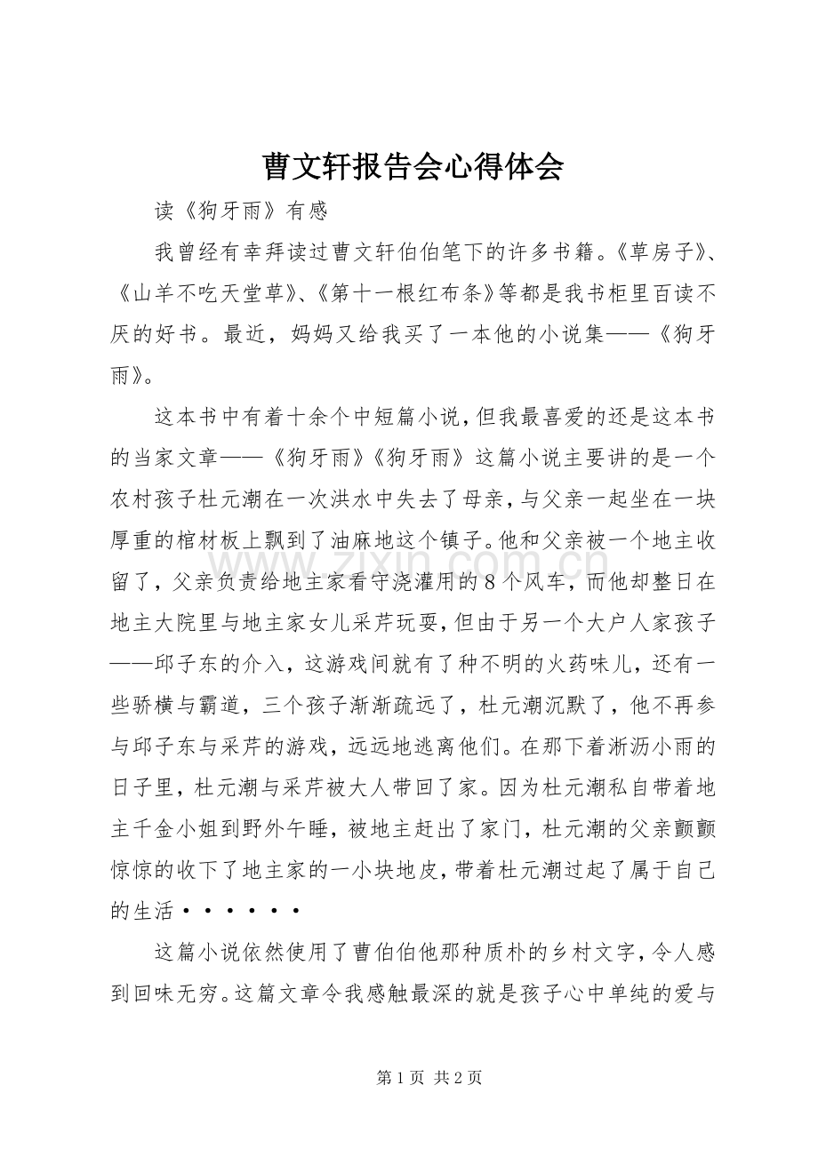 曹文轩报告会体会心得.docx_第1页