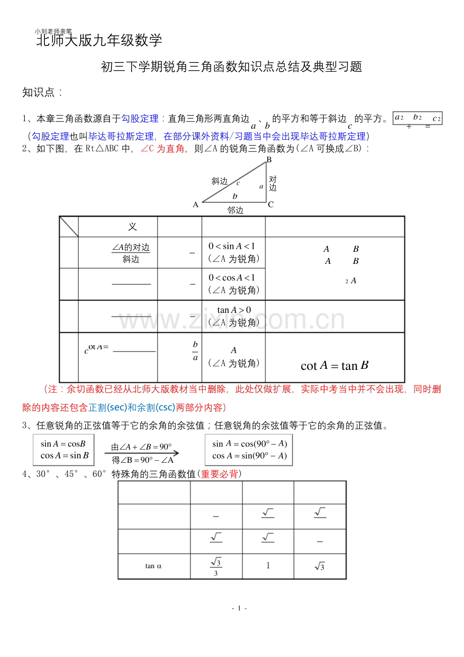 北师大版九年级数学下册第一章三角函数知识点总结.docx_第1页