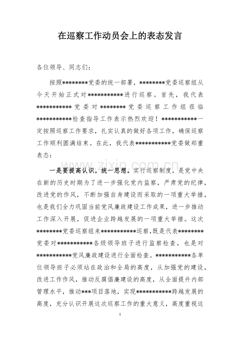 在巡察工作动员会上的表态发言.docx_第1页